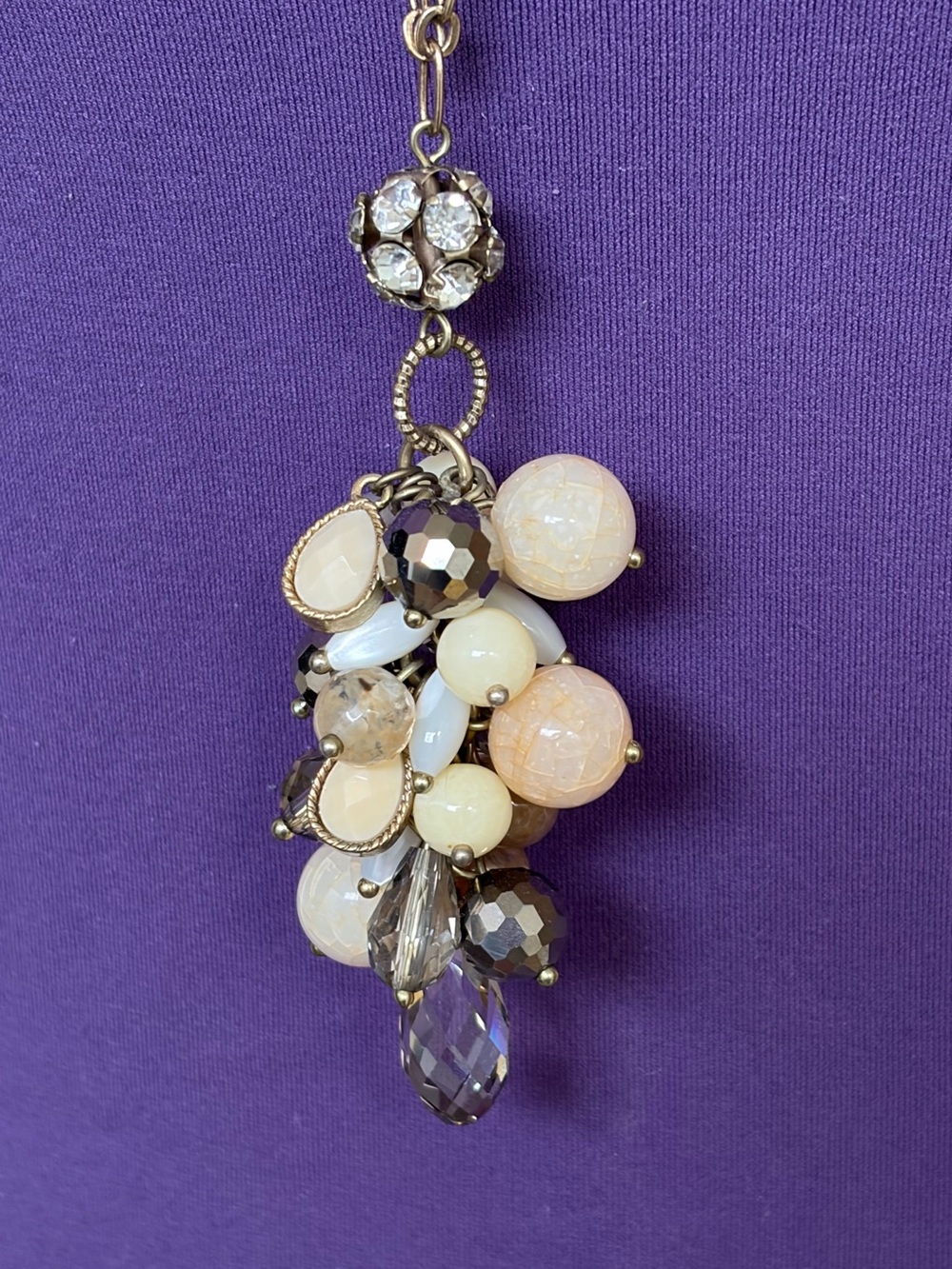 Loft Vintage Beaded Cluster Goldtone Necklace Crystal Bling Long Strand